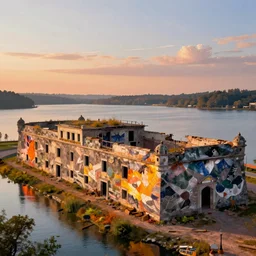 a beautiful photorealistic render of city navy fort architecture unfinished building building abandoned by paul cezanne, thermal vision at dawn lake, archdaily, wallpaper, highly detailed, trending on artstation.