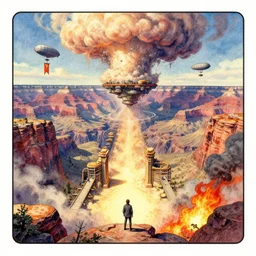 dixit card, vanishing point, docks, airships, banners, grand canyon, pancake rock structures, gates, laputa, dusty, volumetric shadows, noahs ark, foreground watcher, smoke, fire, crash, cumulonimbus, intricate, amazing composition, colorful watercolor, by ruan jia, by maxfield parrish, by shaun tan, by nc wyeth, by michael whelan, by escher, illustration, volumetric, bloom, sun puddle