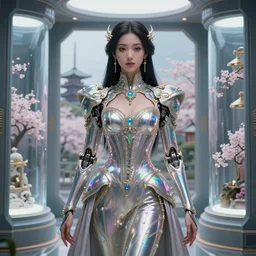 porttait of a beautiful celestial Brazilian Japanese pearlescent multiversal Goddess wearing a futuristic luxurious Renaissance suit exposed in cryo chambers by James Jean, ethereal and mecha theme, intricate, elegant, highly detailed, centered, digital painting, lush Japanese landscape, sakura season, Kyoto inspired, artstation, concept art, smooth, sharp focus, illustration, by Peter Mohrbacher, WLOP, close-up, feminine slim figure, fancy