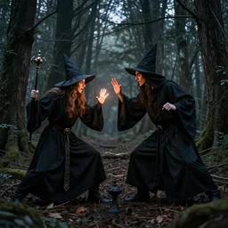 2 wizards fighting in an ebony forest