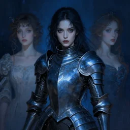 a beautiful woman dark hair in an armor with dark eyes, elegant, dark blue, ethereal horror fantasy art by greg rutkowski and magali villeneuve and claude monet detailed