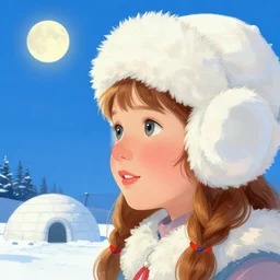 closeup profile face portrait of an eskimo girl, sky, winter, snow, 1 9 5 0 s, igloo, moon, polar bear, nicoletta ceccoli, mark ryden, lostfish, artstation, illustration, digital paint, matte paint, vivid colors, bright, cheerful