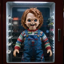 screaming chucky doll trapped in a vending machine