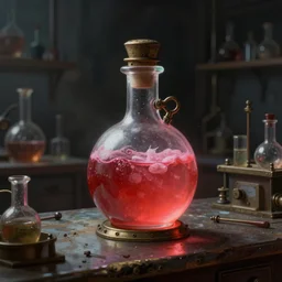 a painting of a steampunk light red and pink potion bottle on a counter in a dark dusty vintage science lab, by h. r. giger, hyperrealistic fantasy art, concept matte, ethereal, dreamy, digital art, trending on artstation, volumetric cinematic lighting