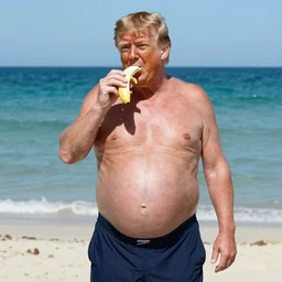 Donald trump showing off his large pregnant belly at the beach, he is wearing a Speedo and does not have a shirt on, he is eating a banana