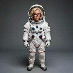 wide angle full body portrait shot todd solondz blond older woman wearing space suit, glasses, introvert geek, shy, clear todd solondz female face, highly detailed face, detailed eyes, alphonse mucha, rhads, rebecca guay, artstation, artgerm, octane render, 1 6 k