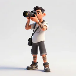 tattooed photographer with camera, stylized pixar-style 3d render, full body, standing, isolated on a pure white background, centered, whole figure in frame, sharp focus, studio lighting