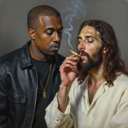realistic oil painting of kanye west smoking a joint with jesus christ, detailed, by rembrandt van rijn, lisa frank, hr giger, beksinski, anato finnstark!!, 8 k resolution, beautiful lighting, studio light, extremely detailed, establishing shot, realistic materials, hyperrealistic