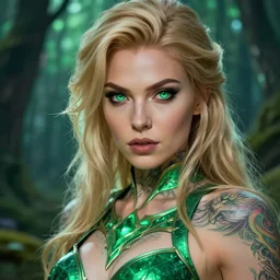 a close - up of tattooed blonde female warrior wearing a magical emerald leotard in a magical forest, hyper realistic face, green eyes, fantasy art, in the style of greg rutkowski, illustration, epic, fantasy, intricate, hyper detailed, artstation, concept art, smooth, sharp focus, vibrant