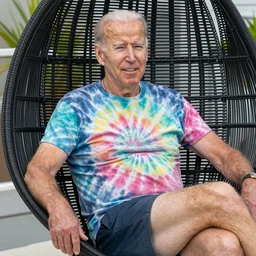 joe biden wearing a tie - dye t - shirt and sitting on a black papasan chair