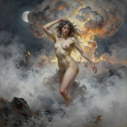 One Thousand Years Of Longing,illustration, chaotic, sexy, mist, volumetric lighting, Eros, a nuclear explosion background, a faint moon, soft lighting, soft details, painting oil on canvas by Edmund Blair Leighton and Charlie Bowater octane render, HDR, trending on artstation, 4k, 8k, HD