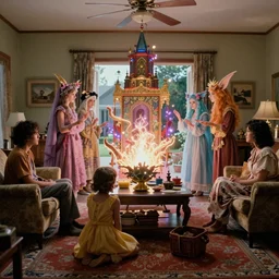 movie still by alejandro jodorowsky of a beautiful day in a family living room in a suburban neighborhood usa, visible magic energy, big pretty dream creature costumes, dreamy temples, mystical cult rituals, large magic parade float, cinestill 8 0 0 t eastmancolor technicolor, high quality, very detailed, heavy grain, fine facial features, 8 k, octane render