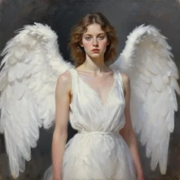 hyperrealism oil painting, fashion model angel with white wings portrait,