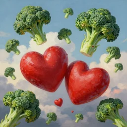 a detailed fantasy painting of romantic hearts in the sky and broccolis floating in the sky, by lauri blank, artgerm, evelyn de morgan, 8K, 50mm lens
