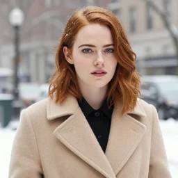 emma stone in beige coat, close up, winter new york, snow, artwork by gaston bussiere, craig mullins, trending on artstation