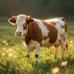 a fantasy artwork of a cow in a field of glowing flowers, godlen light shines on the cow