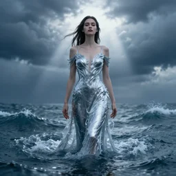 dress made of water, liquid, woman, solemn, female, rising from ocean, high detail, high contrast, extreme close up portrait, stormy seas, beautiful, bokeh, storm clouds, god rays, d & d, fantasy, elegant, silver blue color palette, concept art, roger deakins, greg rutkowski, alphonse mucha