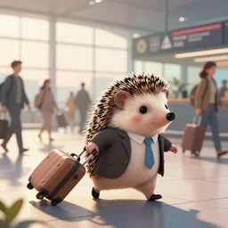 a cute hedgehog dressed like a businessman is dragging a trolley suitcase in a busy airport, early morning hours, long shadows, extremely detailed, fantasy illustration
