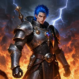 portrait of beautiful gothic young man, warhammer, cyber armor, a lot of scars, thunderstorm and fire, blue head, the middle ages, highly detailed, artstation, illustration, art by jean delville, 8 k quality, otherworldly, andre le notre, psychedelic