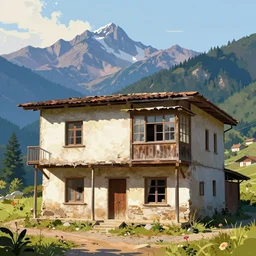 a two storey building, old, mountains by alena aenami, alena aemani digital art, vibrant, lanscape, digital
