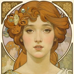 realistic detailed face portrait of The Lady of Shalott by Alphonse Mucha, Ayami Kojima, Amano, Greg Hildebrandt, and Mark Brooks, Art Nouveau, Neo-Gothic, gothic