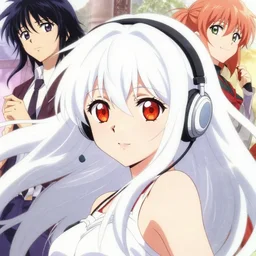 anime film still portrait of a japanese young woman, large, red eyes, white hair!!!!!, long, wearing wireless headphones, dynamic pose, cute face, poster by ilya kuvshinov, bakemonogatari, masakazu katsura, rimlight, realistic shading, realistic shaded perfect face fine - face, 4 k, long white hair