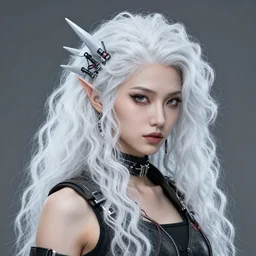 highly detailed portrait of wasteland punk long curly white icey shard hair cyber ninja lady, stray wiring by atey ghailan, james gilleard, by joe fenton, by greg rutkowski, by greg tocchini, by kaethe butcher, 4 k resolution, gradient blue, cyan, black and white color scheme!!! ( ( snowy glaciated robotic dystopian city background ) )