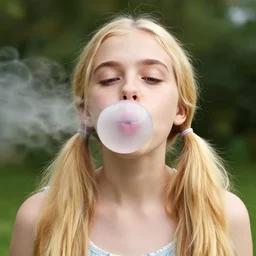 blonde girl with pigtails blow a bubble of chewing gum