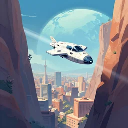 a beautiful illustration of a space ship flying through a city in a canyon on another world by Ralph McQuarrie| sparth:.2 | Time white:.4 | Rodney Mathews:.2 | Graphic Novel, Visual Novel, Colored Pencil, Comic Book:.2