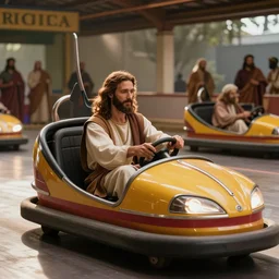 Jesus in a bumper car enjoying his day off with the rest of apostles | photo