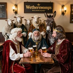 the three wise men in period regal clothing sitting at a table in a wetherspoons pub in batley having a pint of ale, 3 shepherds are standing behind with 3 sheep and a donkey
