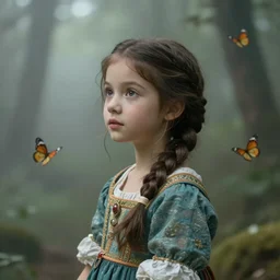a neoclassical portrait of a cute little forest girl with a beautiful braid and dreamy eyes, concept art, realism, wearing traditional attire and beautiful ornaments, dreamy atmosphere, by  Johannes Vermeer, butterflies in the fog in a bokeh background, artstation, 8K