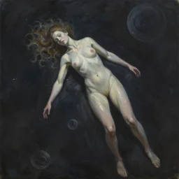 oil painting of a humanoid lady lost in space, james jean