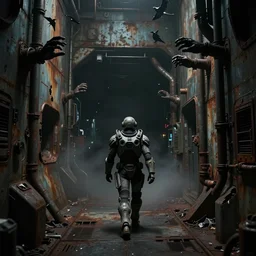 horror movie scene of an individual in futuristic armor walking through a deep space mining space station, the walls are rusted metal, broken pipes come out of the walls like hands, birds eye 3 / 4 angle, dark colors, muted colors, tense atmosphere, mist floats in the air, amazing value control, dead space, moody colors, dramatic lighting, frank frazetta