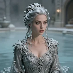 cinestill 5 0 d portrait of a beautiful woman by annie liebovitz, siiting in a hyper detailed dystopian roman thermal baths environment, pale silver tonal matt, hair intricate style, dress are intricate gothic lace, elegant, highly detailed, soft foggy blur, artstation, sharp focus, head in focus,