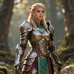 female druid wearing colorful armor, extreme detail, octane render, trending on artstation, 4 k, medium shot, fantasy character, asymmetrical, bokeh, volumetric backlighting.