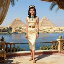 portrait audrey hepburn as hot egypt princess cleopatra on a open terrace with nile - river and pyramids view, full length shot, shining, 8 k highly detailed, sharp focus, illustration, art by artgerm, mucha, bouguereau