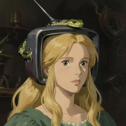 woman blond portrait tv on head, snake on head, art by studio ghibli and greg rutkowski and artgerm and ilya kuvshinov, portrait, d & d, fantasy, highly detailed, digital painting, headshot, trending on artstation, concept art, sharp focus, illustration art by artgerm and greg rutkowski and alphonse mucha