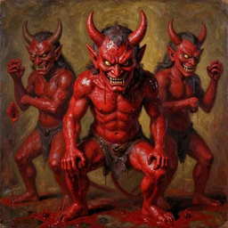 1 9 3 8 scary movie, a line of detailed red stone devil blood, oil paint, classic art, 1 3 century style, volume light