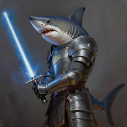 side portrait of personified thresher shark in knight armor, holding a lightsaber, d & d, fantasy, highly detailed, portrait, oil, matte, digital painting, trending on artstation, dramatic illumination, ultra realistic, sharp focus, 4 k, art by ruan jia and artgerm and wlop and rutkowski