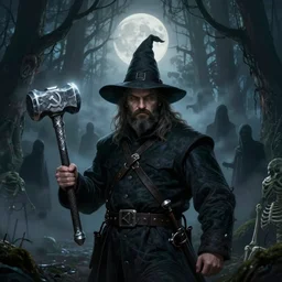 superb digital illustration of stalin as a witcher, silver hammer and sickle as weapons, faces against spectres in the enchanted forest that hide in the fog, full moon, dreamy sequence, macabre spectacle, skeletal figures, solitude, uneasy, octane, unreal 5, cinematic, 8 k uhd, intricate detail, hyperrealist, dark fantasy mixed with socialist realism, concept art