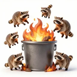 dumpster fire with flying raccoons, digital art