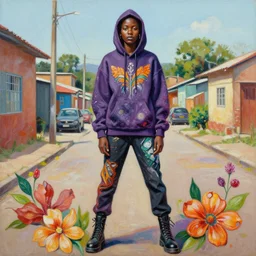 painting by martine johanna of yolandi visser wearing a hoodie standing in a township street in the style of jeremy mann, street clothing, haute couture fashion, full figure painting by david choe, ashley wood, decorative flowers, 2 4 mm, die antwoord