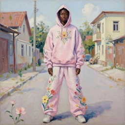 imaan hammam wearing a hoodie standing in a township street in the style of andrei riabovitchev, street clothing, haute couture! fashion!, full figure painting by martine johanna, tara mcpherson, david choe, decorative flowers, detailed painterly impasto brushwork, pastel color palette, die antwoord