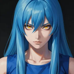 full face shot of rimuru tempest, sky blue straight hair, long bangs, with amber eyes, wearing a blue sleeveless shirt, ultra detailed, brush strokes, digital painting, cinematic, wlop artstation, closeup, pixiv, intense, intimidating glare, no makeup, photorealistic, overpowering, andy warhol,