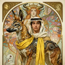 young arabian nomad half anubian jackal, with yellow cloths, masterpiece, celestial art, nouveau, demon goddess of death, baroque details, biopunk, doomcore decay, post apocalyptic, nicola samori, tadema, mucha, dieselpunk, highly detailed