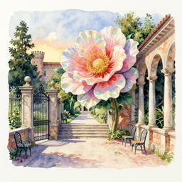 huge flower, courtyard walkway, sunset, castle, stairway, chairs, wrought iron, gate, tree, delicate, botanic garden, road, botanical herbarium paper, watercolor colored painting, iridescent colors, 8 k, realistic shaded, fine details, artstation, italian style, colonnade