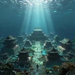 A ultra-realistic photo  of an ancient underwater Chinese city at the bottom of the lake, rays of light illuminating from the top, highly detailed, digital painting, artstation, smooth, sharp focus, cinema4D, Houdini,  Artstation HQ by Alfons Maria Mucha and Julie Dillon and Makoto Shinkai