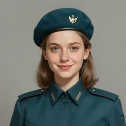 portrait of young woman with light brown shoulder length hair and hazel eyes dressed in a sharp dark teal military uniform and beret, smiling, ilya kuvshinov, svetlana tigai, greg rutkowski, loish, artgerm, digital painting, concept art