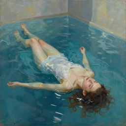a girl lying floating in a room full of water, very beautiful fantastic painting